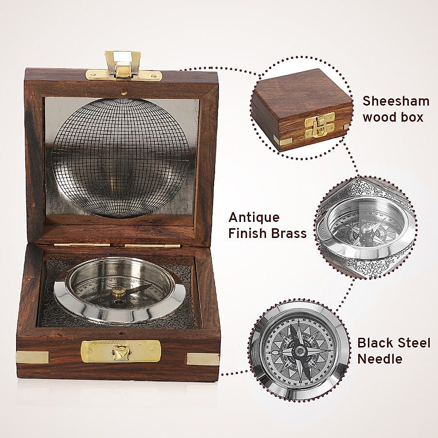 Handcrafted Wooden Box With Built in Goldentone Compass (Size 7.6x7.6x3.8 Cm) - Brown
