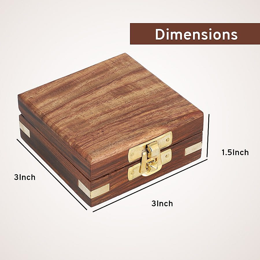 Handcrafted Wooden Box With Built in Goldentone Compass (Size 7.6x7.6x3.8 Cm) - Brown