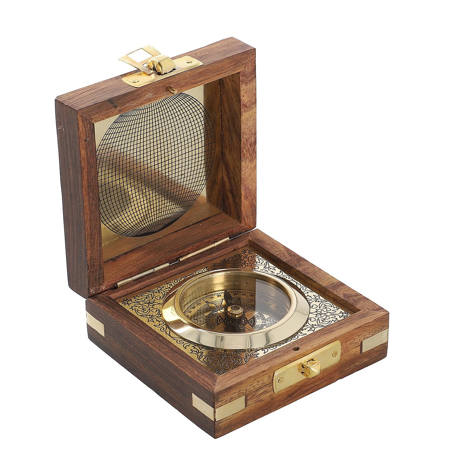 Handcrafted Wooden Box With Built in Silvertone Compass (Size 8X8X3 Cm) - Brown