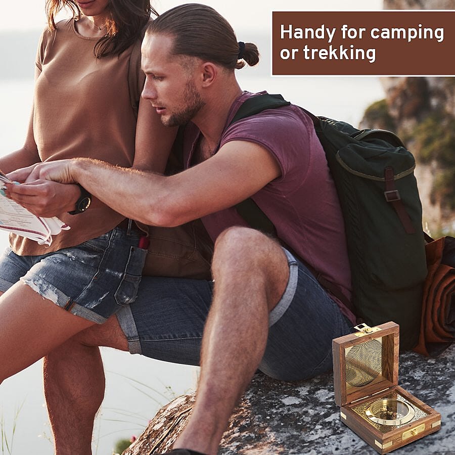 Handcrafted Wooden Box With Built in Silvertone Compass (Size 8X8X3 Cm) - Brown