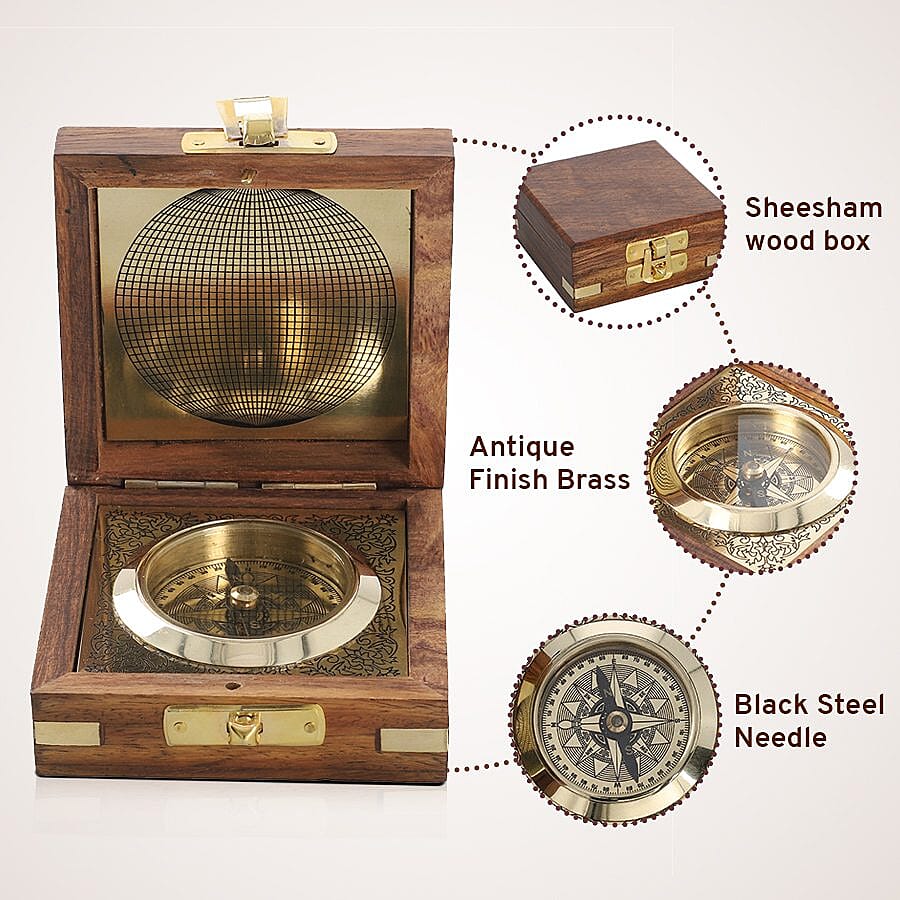 Handcrafted Wooden Box With Built in Silvertone Compass (Size 8X8X3 Cm) - Brown