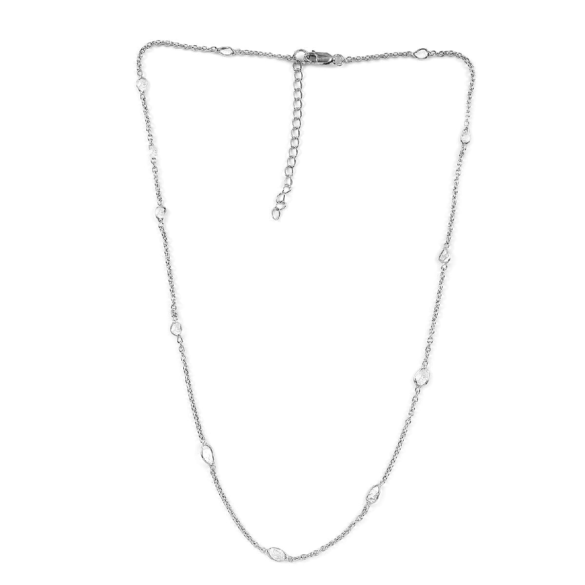 Polki Diamond Station Necklace (Size 18 with 2 Extender) in Platinum Overlay Sterling Silver 1.00 Ct.