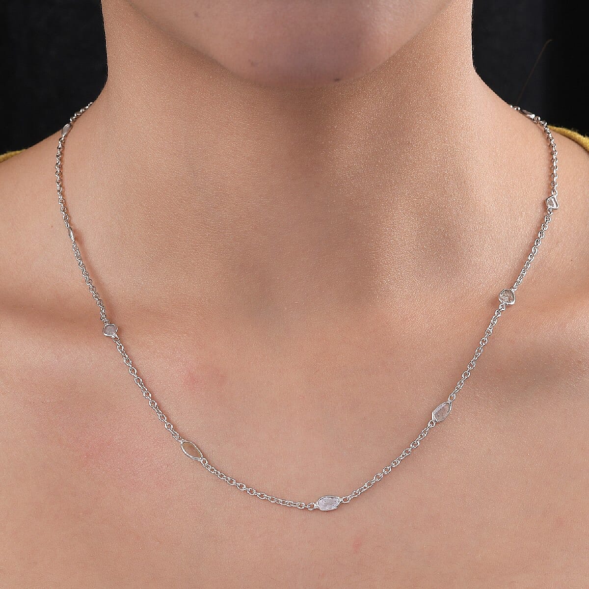 Polki Diamond Station Necklace (Size 18 with 2 Extender) in Platinum Overlay Sterling Silver 1.00 Ct.