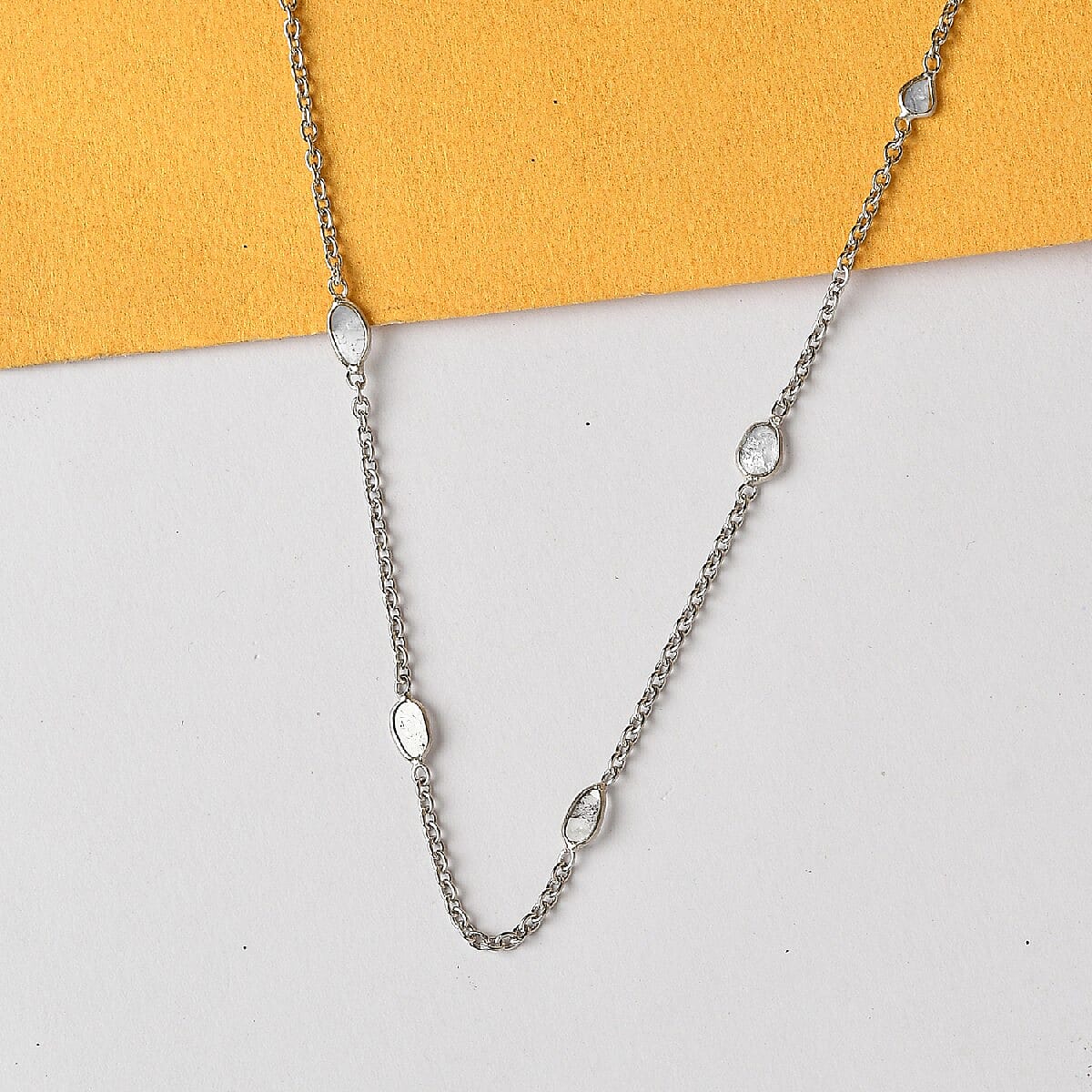 Polki Diamond Station Necklace (Size 18 with 2 Extender) in Platinum Overlay Sterling Silver 1.00 Ct.