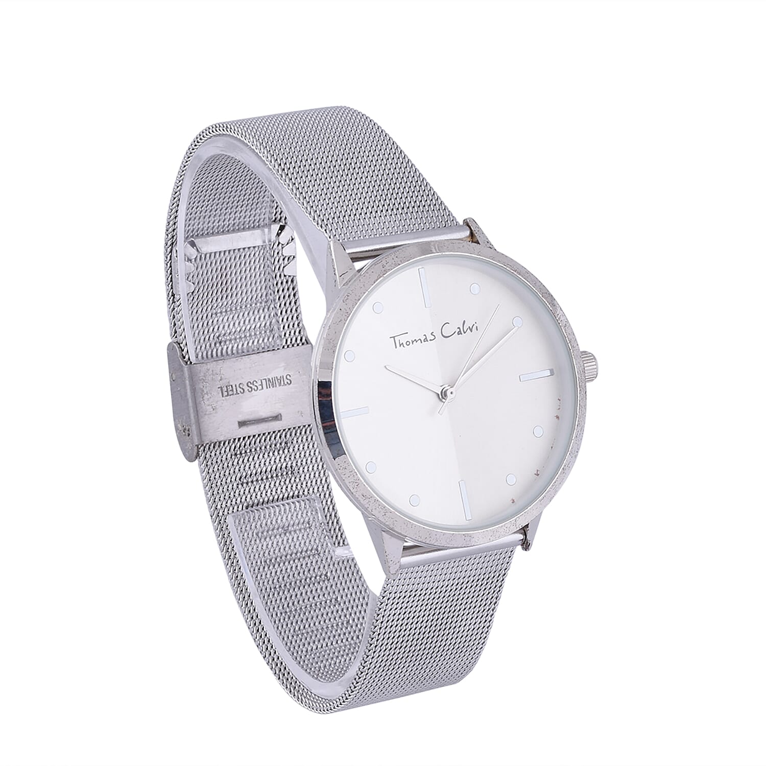 Thomas Calvi Ladies Bracelet Watch with Silver Tone Case and Mesh Style Strap in Stainless Steel  Strap up to 9in