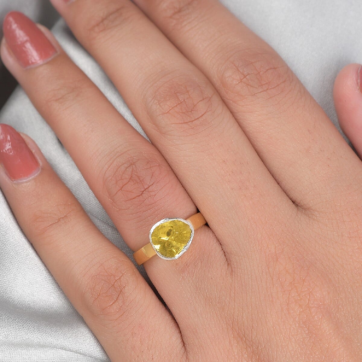 Yellow Polki Diamond Handcrafted Ring in Platinum Overlay Sterling Silver 0.50 Ct