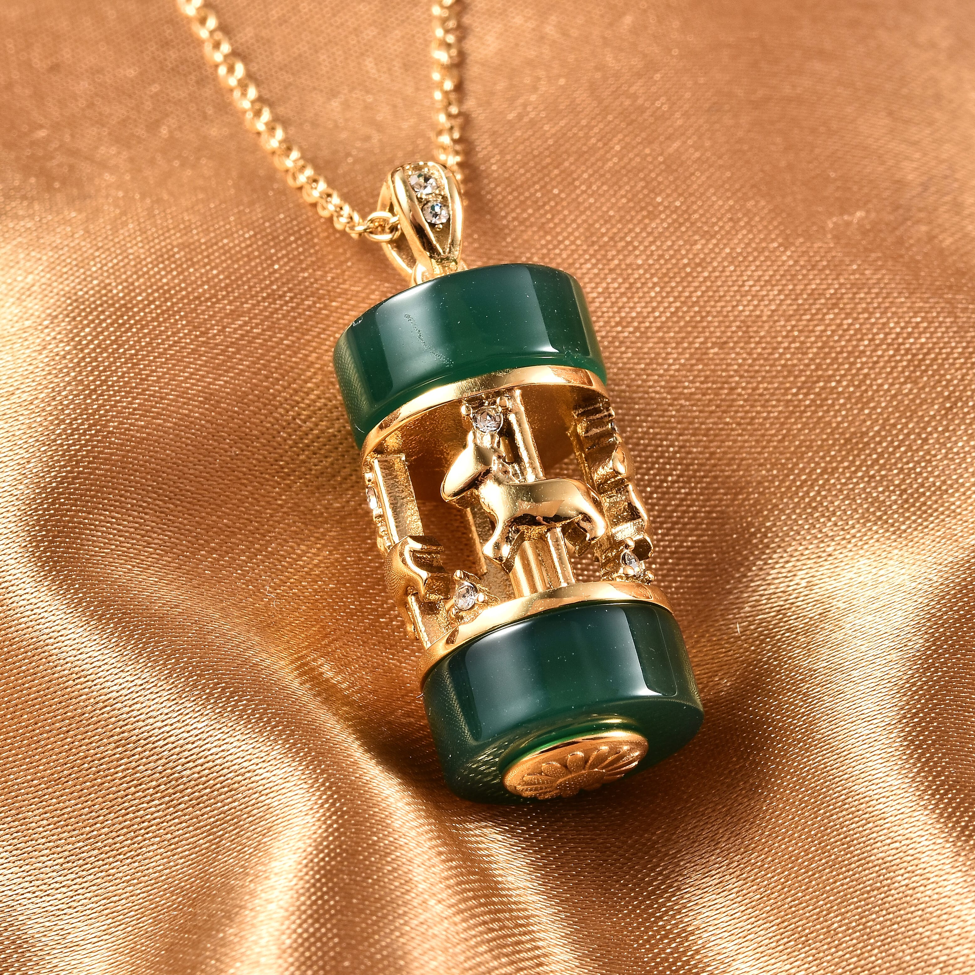 Green Agate and White Austrian Crystal Necklace (Size - 24) in Stainless Steel 18.01 Ct.