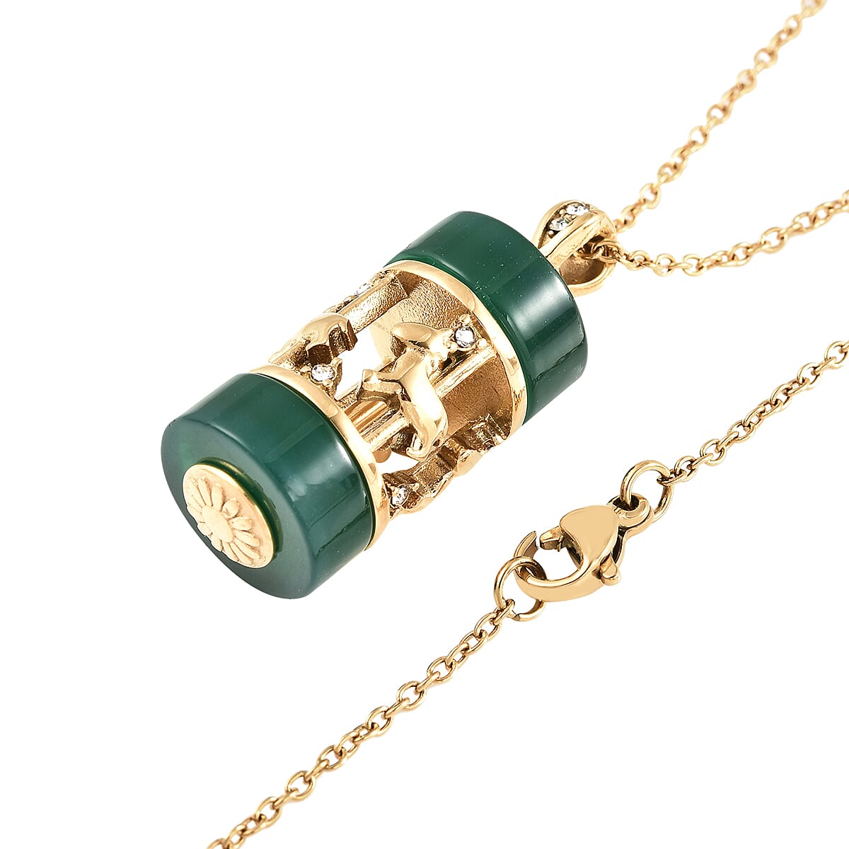 Green Agate and White Austrian Crystal Necklace (Size - 24) in Stainless Steel 18.01 Ct.