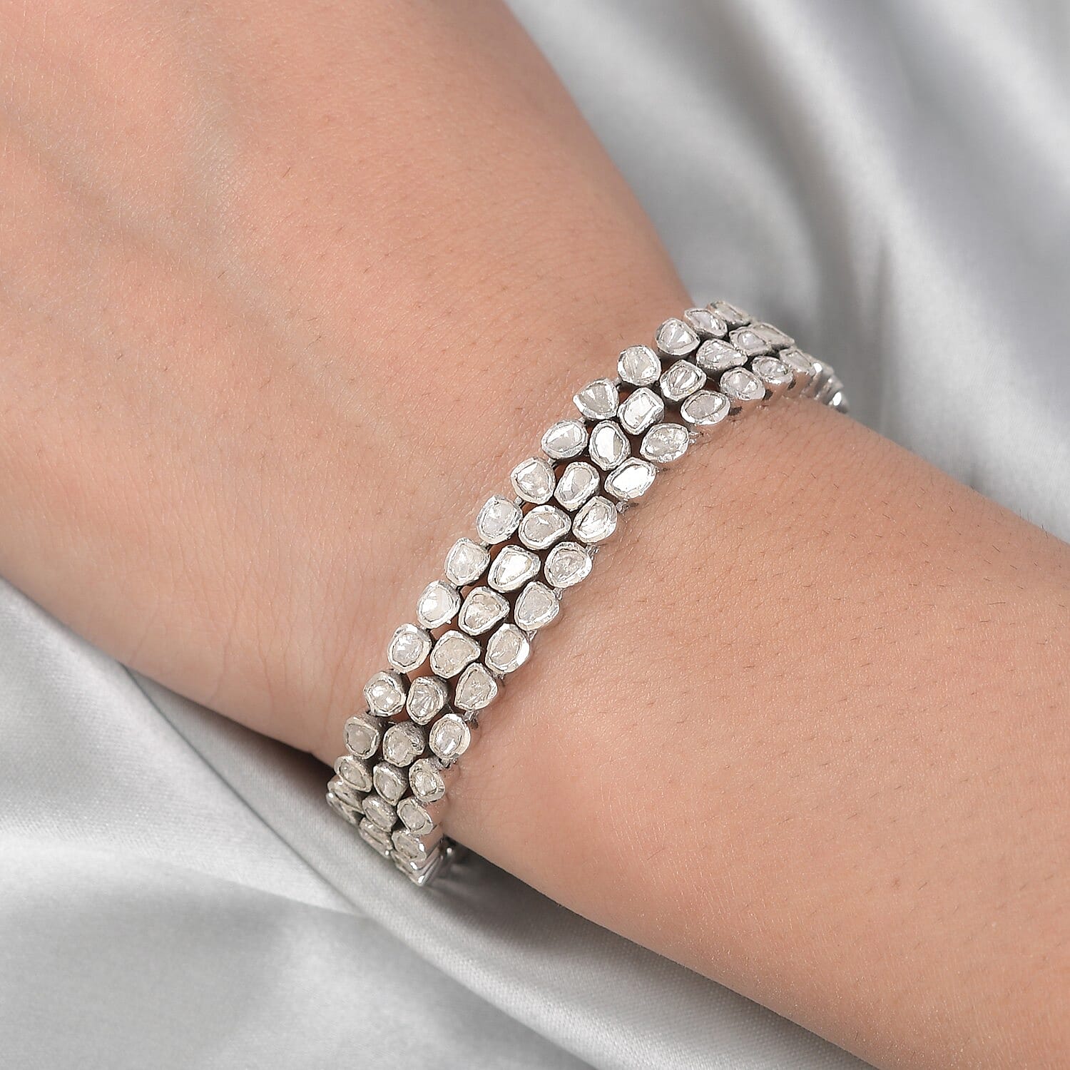 GP Polki Diamond Bracelet (Size - 8) in Platinum Overlay Sterling Silver 7.52 Ct, Silver Wt. 33.36 Gms.