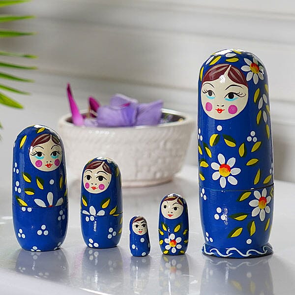 Hand Painted Wooden Nesting Doll/Stacking Dolls- Set of 5 (Size 15X5, 9.5X3, 5.5X2, 4.5X1.5, 2.5X1.5 Cm) - Navy