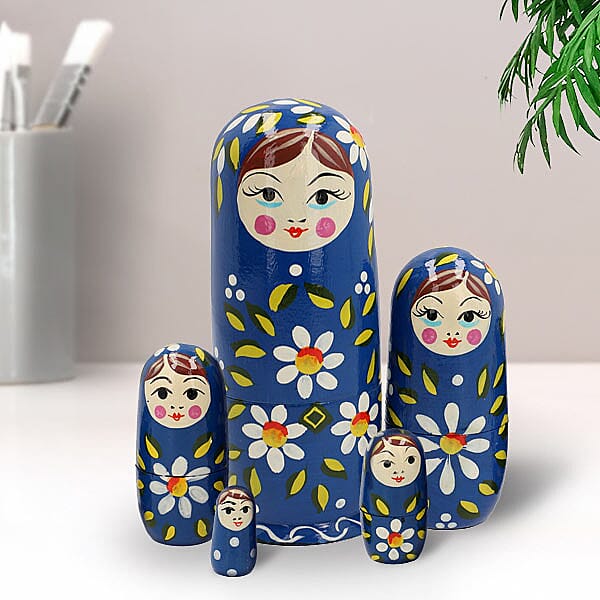 Hand Painted Wooden Nesting Doll/Stacking Dolls- Set of 5 (Size 15X5, 9.5X3, 5.5X2, 4.5X1.5, 2.5X1.5 Cm) - Navy