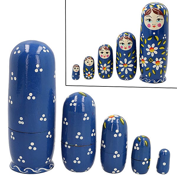 Hand Painted Wooden Nesting Doll/Stacking Dolls- Set of 5 (Size 15X5, 9.5X3, 5.5X2, 4.5X1.5, 2.5X1.5 Cm) - Navy