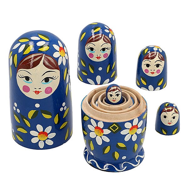 Hand Painted Wooden Nesting Doll/Stacking Dolls- Set of 5 (Size 15X5, 9.5X3, 5.5X2, 4.5X1.5, 2.5X1.5 Cm) - Navy