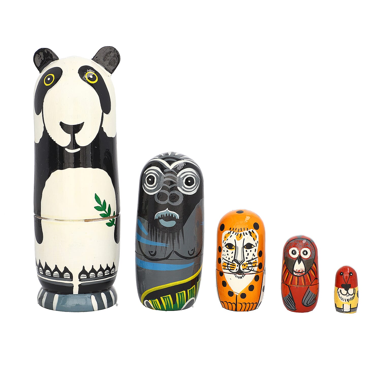 Hand Painted Wooden Nesting Doll/Stacking Dolls(Paanda family)- Set of 5 Piece (  15X5, 9.5X3, 5.5X2, 4.5X1.5, 2.5X1.5 Cm) - Multi Colour