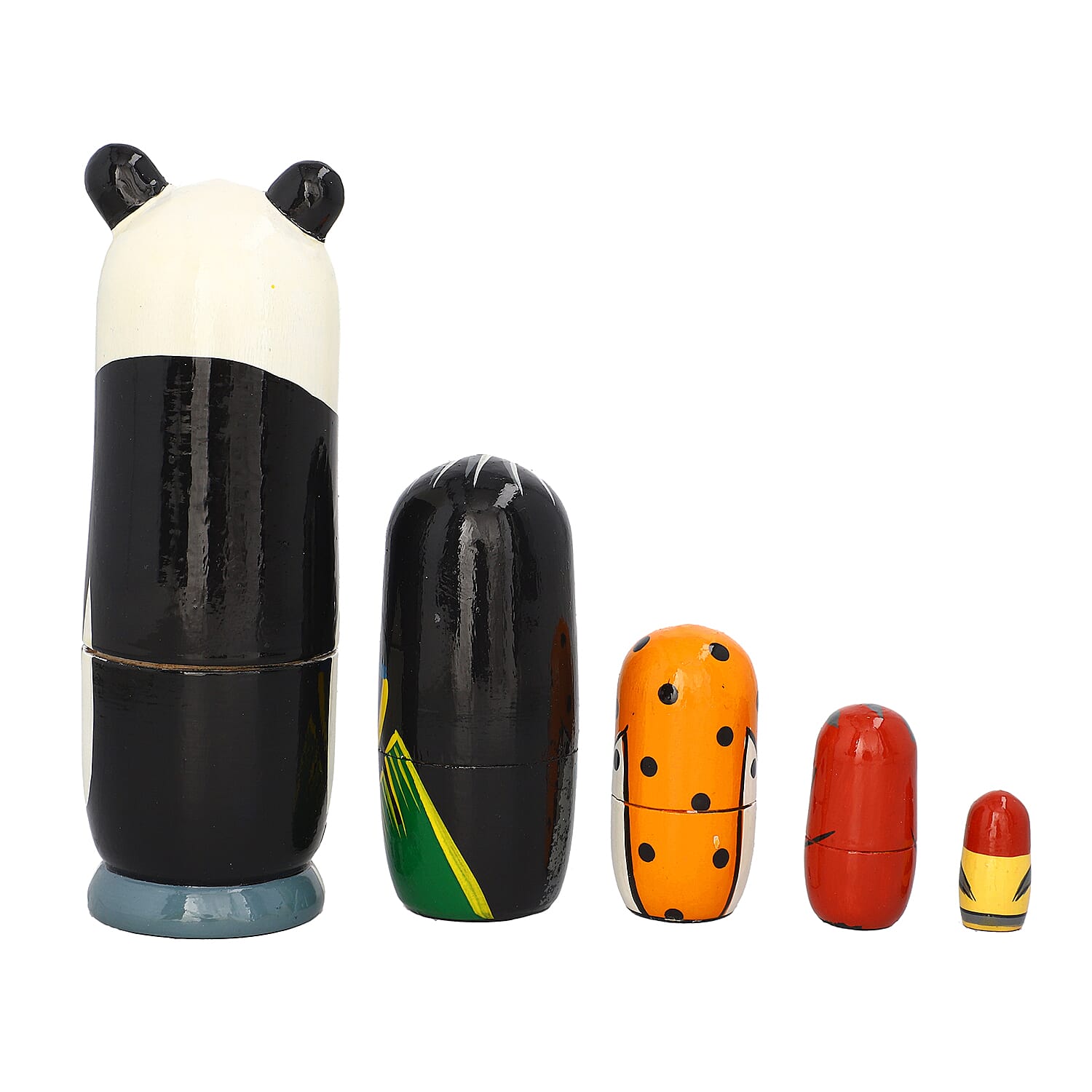 Hand Painted Wooden Nesting Doll/Stacking Dolls(Paanda family)- Set of 5 Piece (  15X5, 9.5X3, 5.5X2, 4.5X1.5, 2.5X1.5 Cm) - Multi Colour