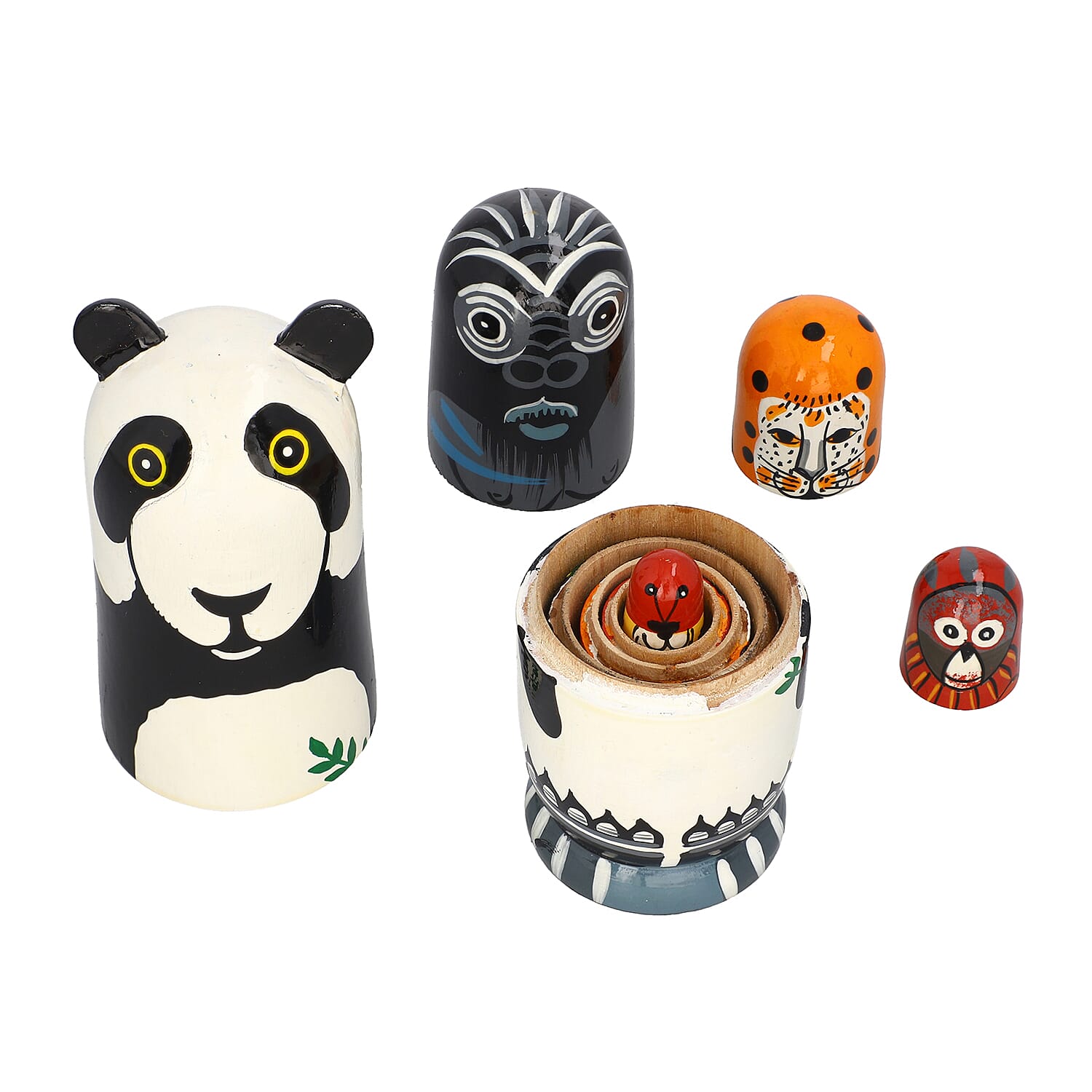 Hand Painted Wooden Nesting Doll/Stacking Dolls(Paanda family)- Set of 5 Piece (  15X5, 9.5X3, 5.5X2, 4.5X1.5, 2.5X1.5 Cm) - Multi Colour
