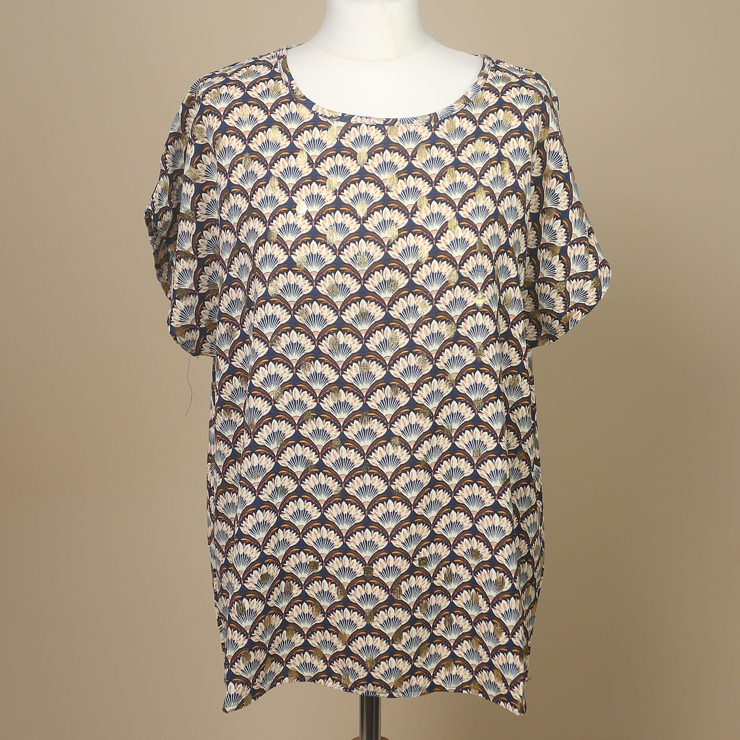 Nova of London Printed Tunic Top with Gold Foil Detail(Size-S-M, 61x68Cm) - Navy and Beige