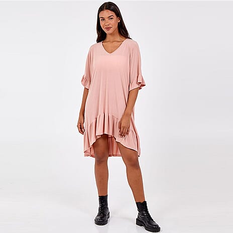 Nova of London High Low Tiered Hem Oversized Top (Size-M-L, Length - 95Cm) - Blush