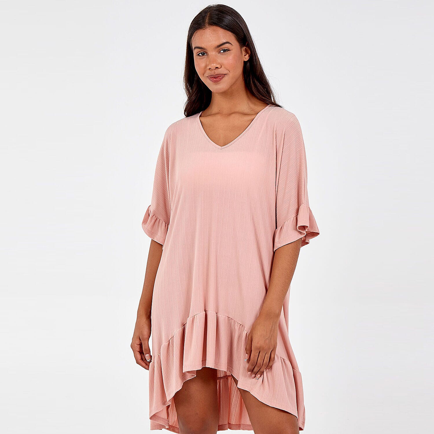 Nova of London High Low Tiered Hem Oversized Top (Size-M-L, Length - 95Cm) - Blush