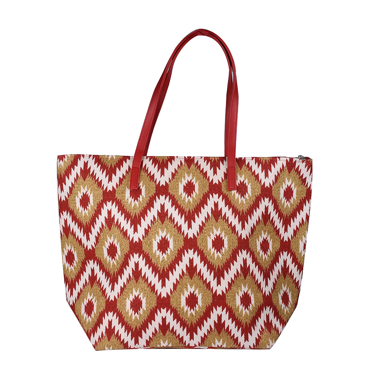 Red and Olive Green Aztec Print Design Shopper Style Bag