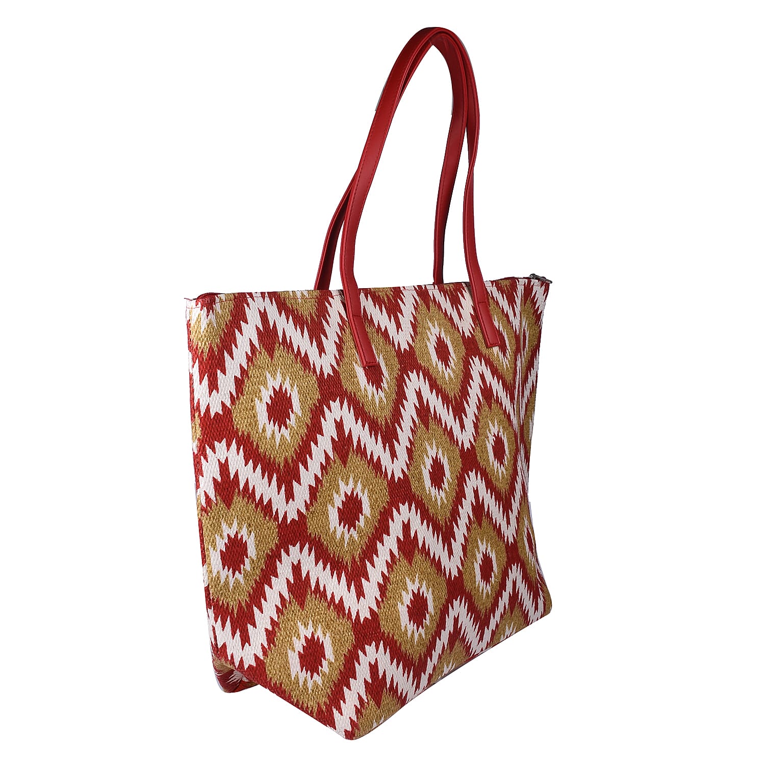 Red and Olive Green Aztec Print Design Shopper Style Bag