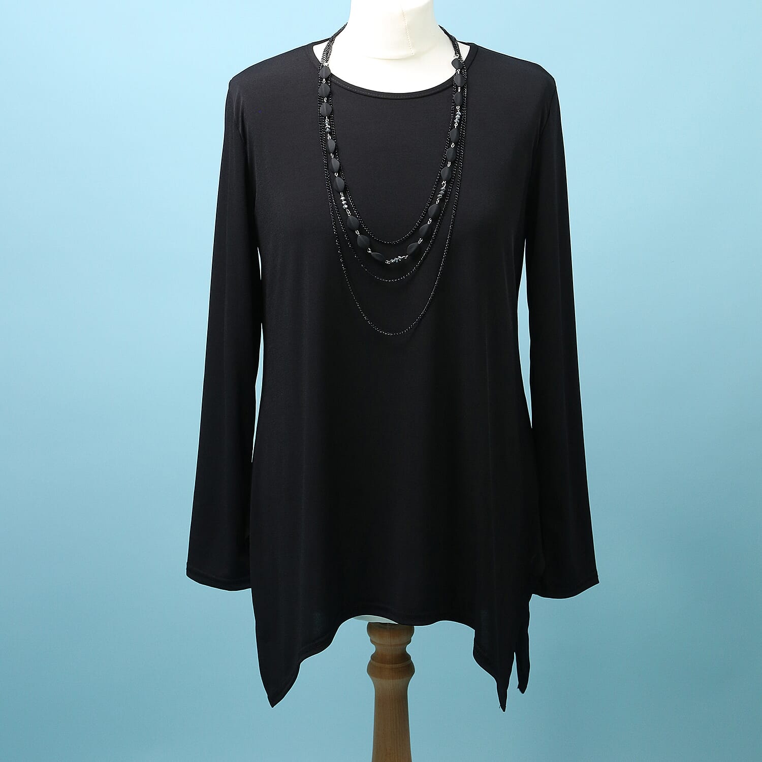 Pure and Natural Soft Long Sleeve Top with Matching 30 Inch Necklace in Black (Length:70cm)