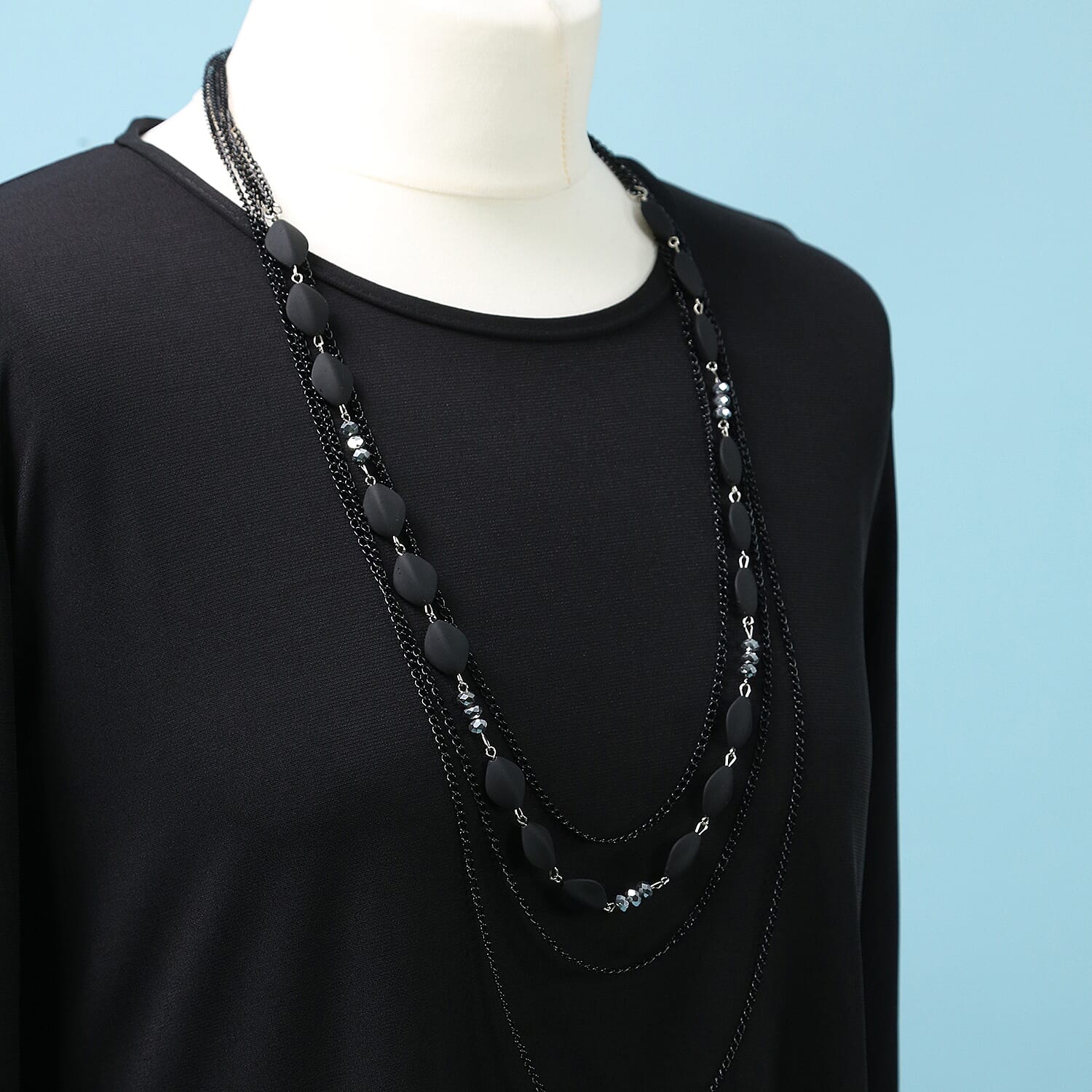 Pure and Natural Soft Long Sleeve Top with Matching 30 Inch Necklace in Black (Length:70cm)