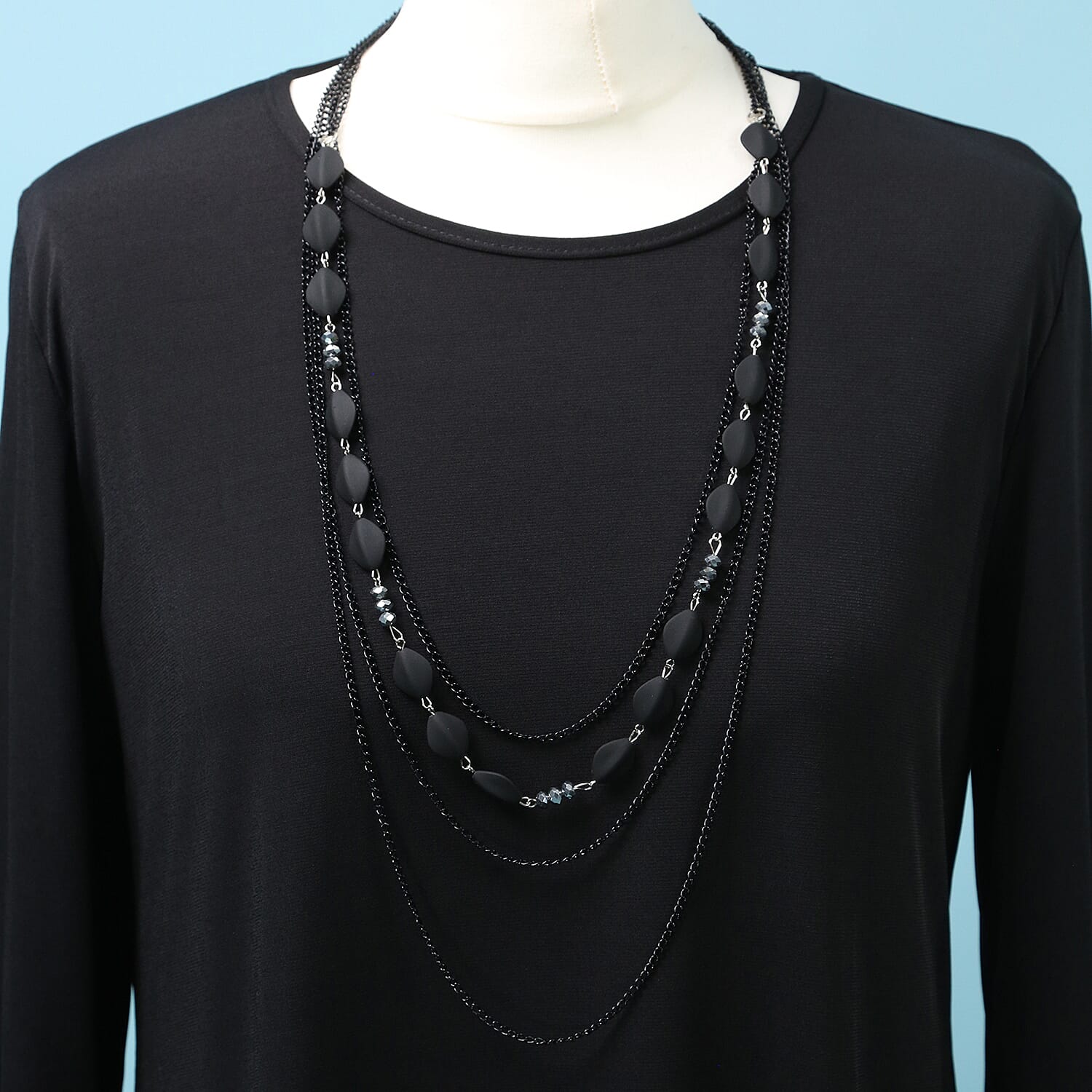Pure and Natural Soft Long Sleeve Top with Matching 30 Inch Necklace in Black (Length:70cm)