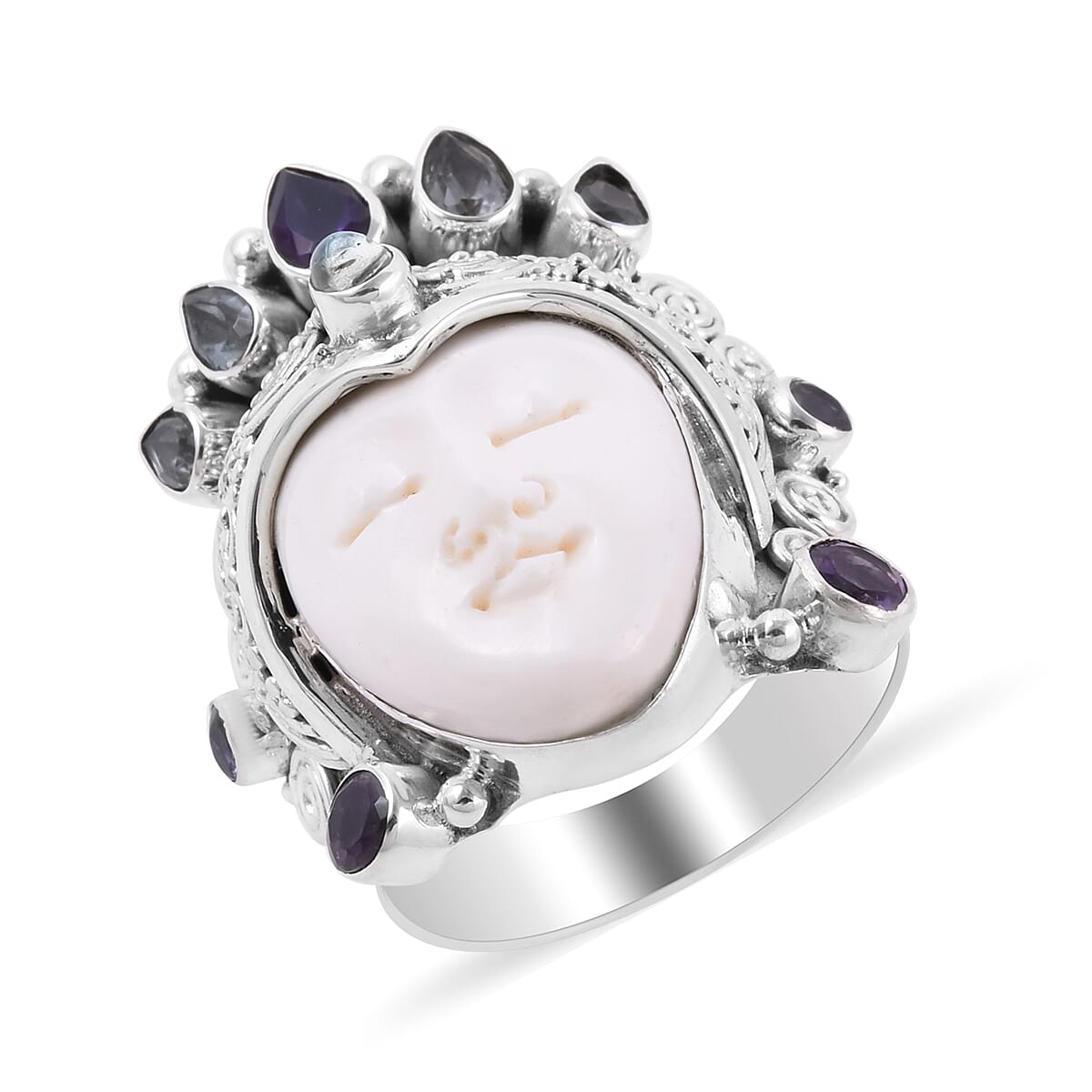 Sajen Silver BALI GODDESS COLLECTION - OX Bone Carved Face, Amethyst and Multi Gemstone Ring in Sterling Silver, Silver wt 12.84 Gms