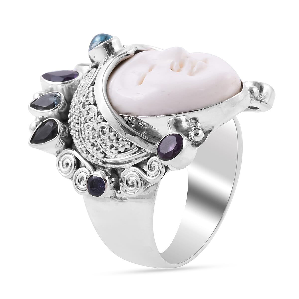 Sajen Silver BALI GODDESS COLLECTION - OX Bone Carved Face, Amethyst and Multi Gemstone Ring in Sterling Silver, Silver wt 12.84 Gms