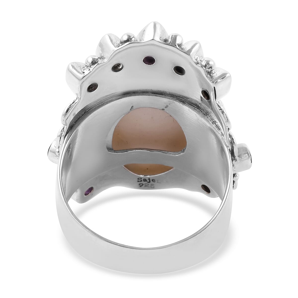 Sajen Silver BALI GODDESS COLLECTION - OX Bone Carved Face, Amethyst and Multi Gemstone Ring in Sterling Silver, Silver wt 12.84 Gms