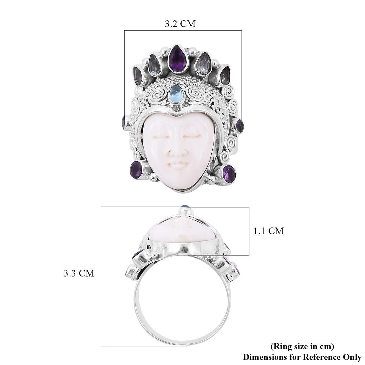 Sajen Silver BALI GODDESS COLLECTION - OX Bone Carved Face, Amethyst and Multi Gemstone Ring in Sterling Silver, Silver wt 12.84 Gms