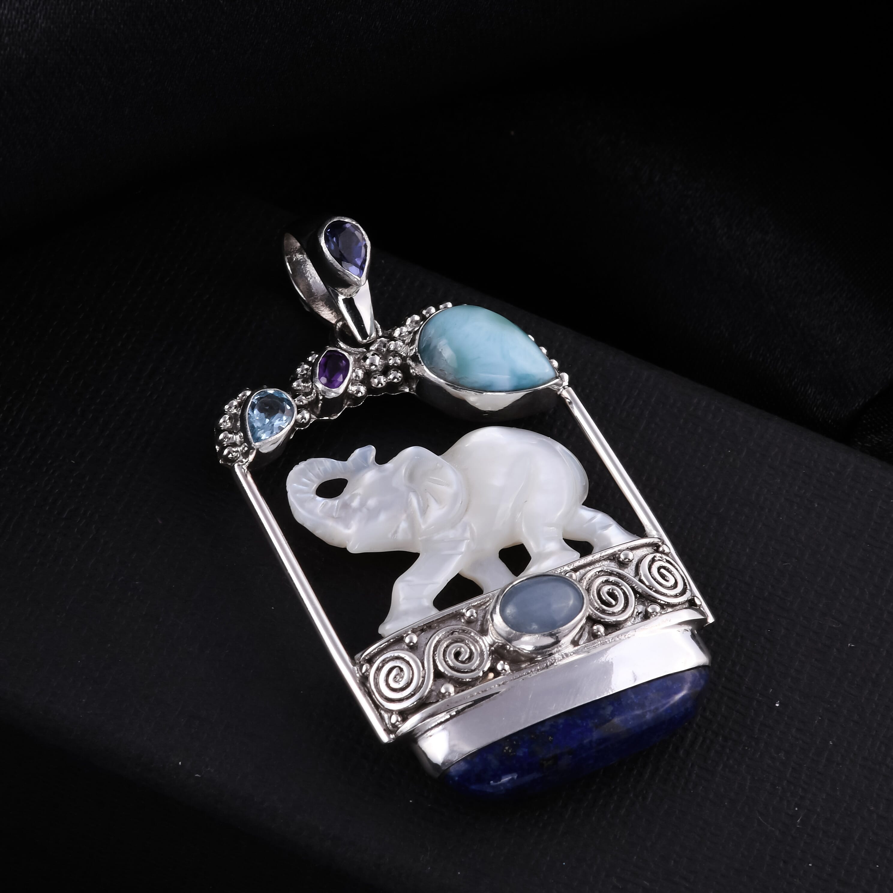 Sajen Silver BALI GODDESS COLLECTION - Larimar, Lapis Lazuli and Multi Gemstone Elephant Pendant in Sterling Silver 36.00 Ct, Silver wt 15.53 Gms.