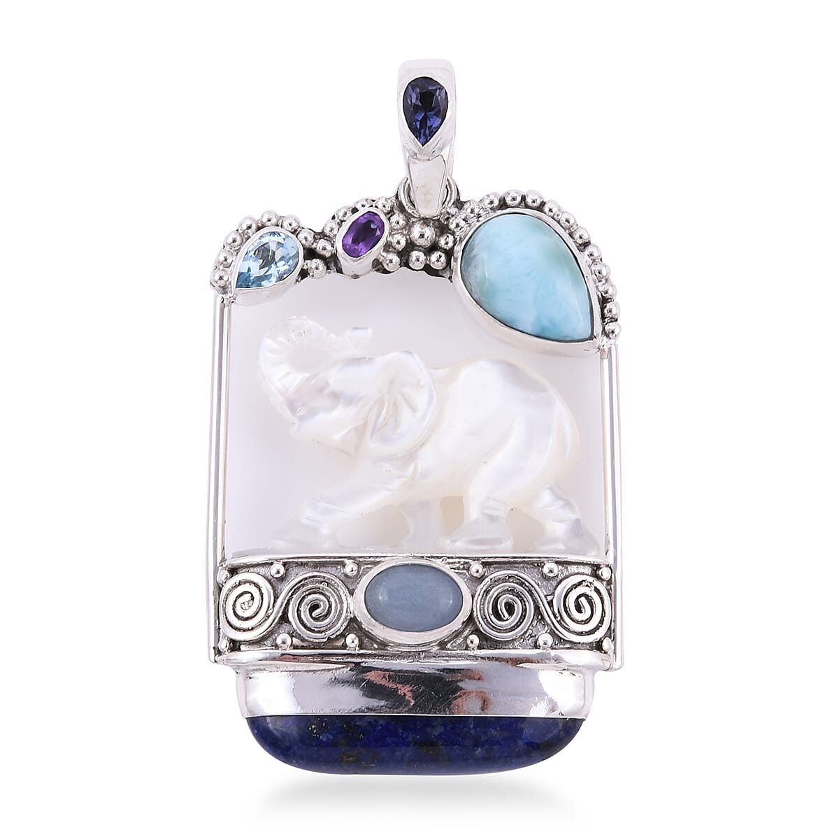Sajen Silver BALI GODDESS COLLECTION - Larimar, Lapis Lazuli and Multi Gemstone Elephant Pendant in Sterling Silver 36.00 Ct, Silver wt 15.53 Gms.