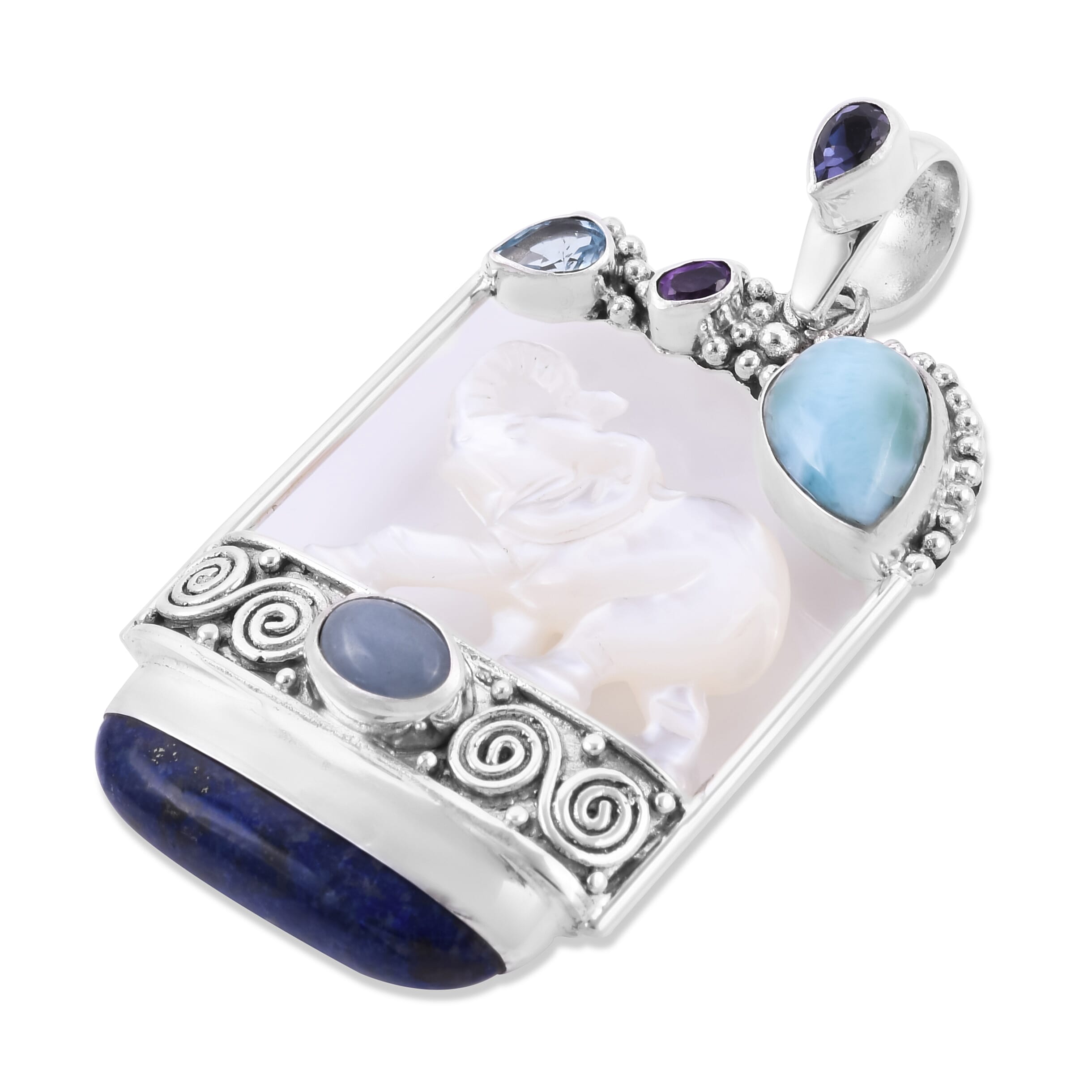 Sajen Silver BALI GODDESS COLLECTION - Larimar, Lapis Lazuli and Multi Gemstone Elephant Pendant in Sterling Silver 36.00 Ct, Silver wt 15.53 Gms.