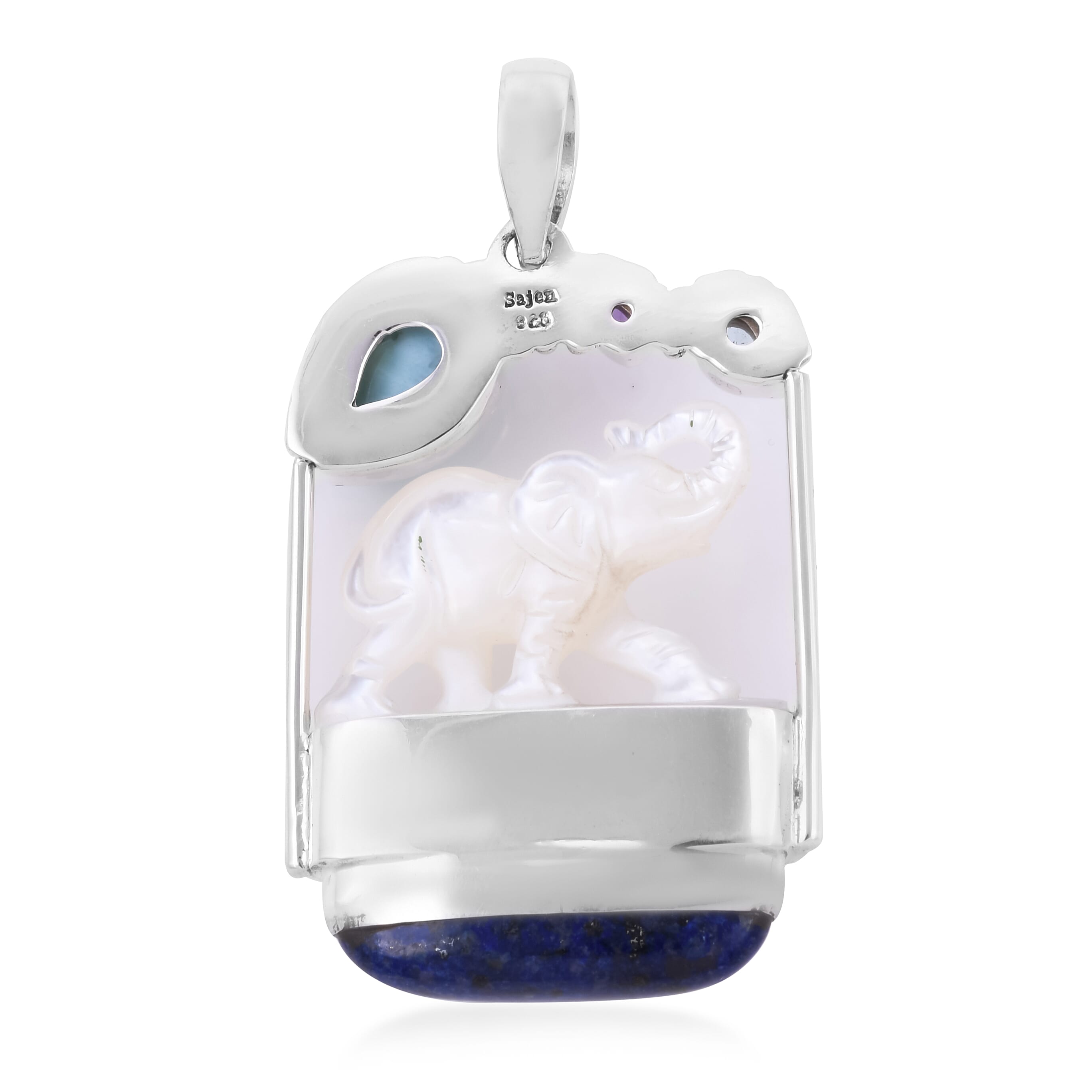 Sajen Silver BALI GODDESS COLLECTION - Larimar, Lapis Lazuli and Multi Gemstone Elephant Pendant in Sterling Silver 36.00 Ct, Silver wt 15.53 Gms.