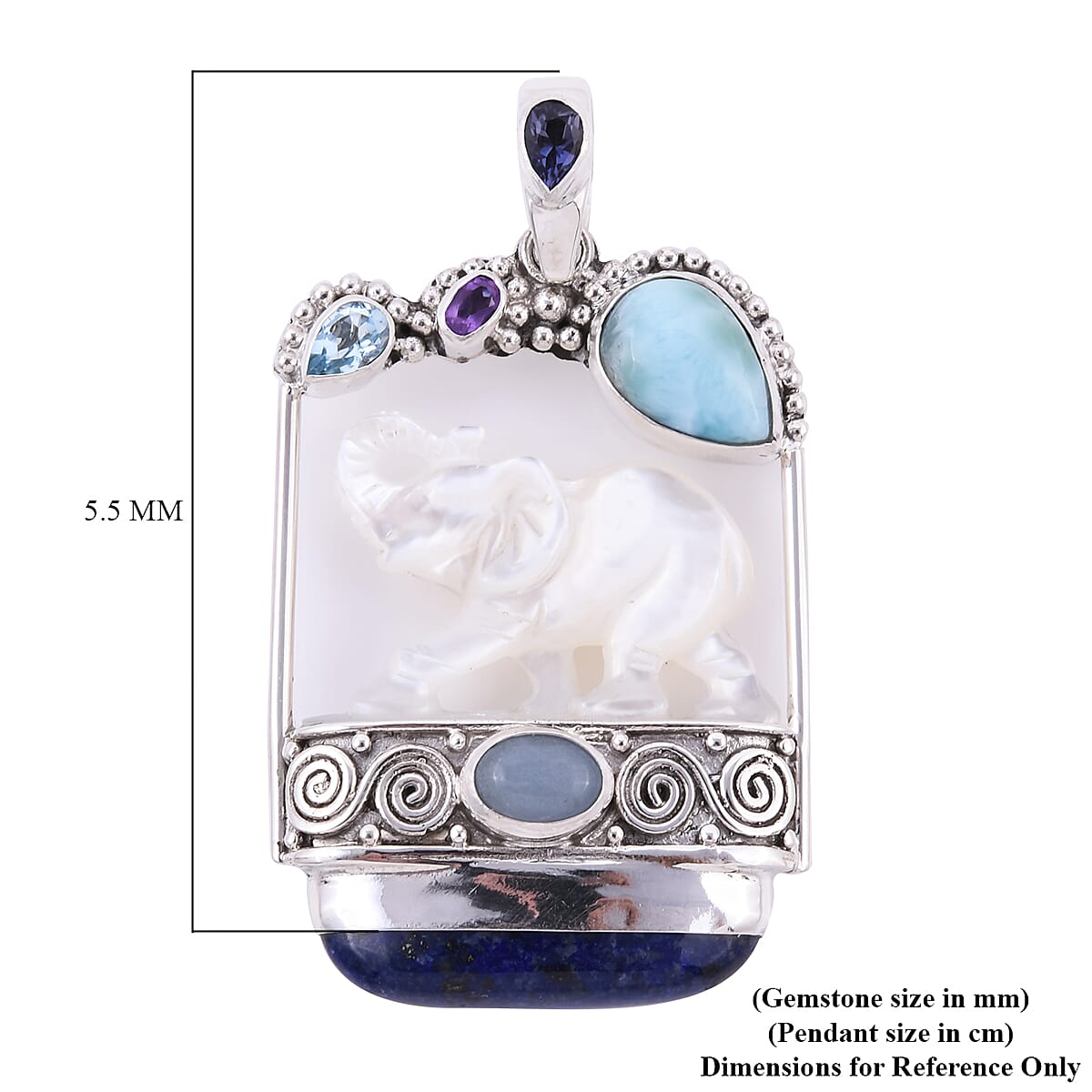 Sajen Silver BALI GODDESS COLLECTION - Larimar, Lapis Lazuli and Multi Gemstone Elephant Pendant in Sterling Silver 36.00 Ct, Silver wt 15.53 Gms.