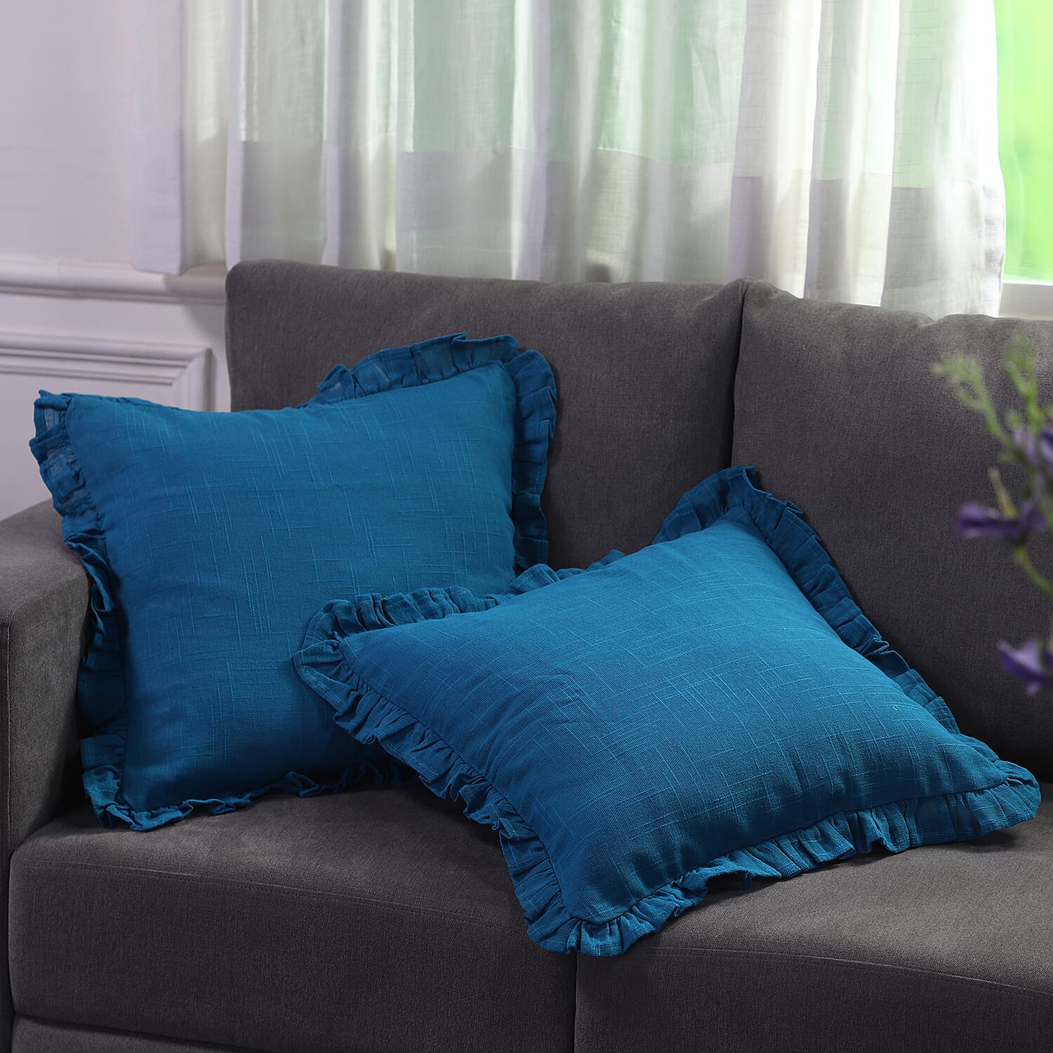 Set of 2  Cottton Linen Solid Cushion Cover with Ruffled Flange - Teal