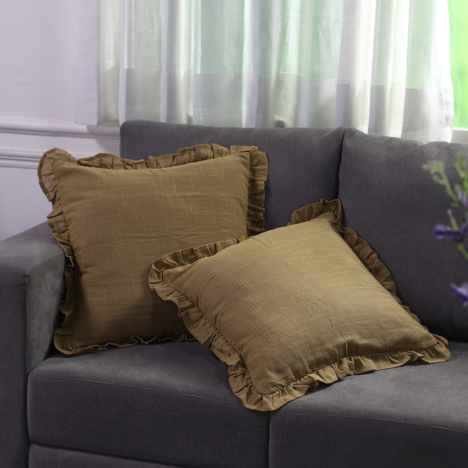 Set of 2 - Cotton Linen Solid Cushion Cover with Ruffled Flange (Size - 45x4 Cm) - Light Brown