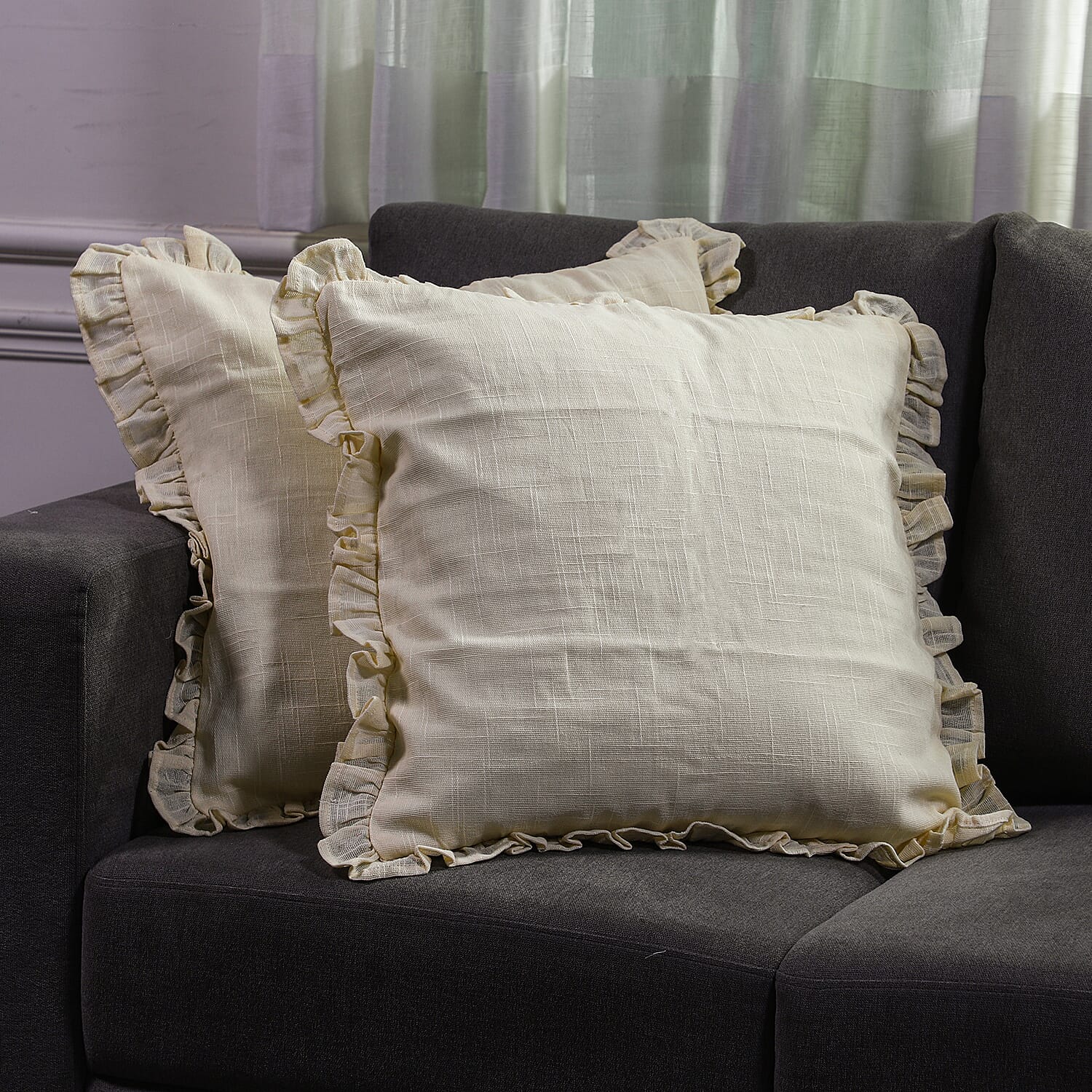 Set of 2 Cotton Linen Solid Cushion Cover with Ruffled Flange (Size - 45x4 Cm) - Butter Cream
