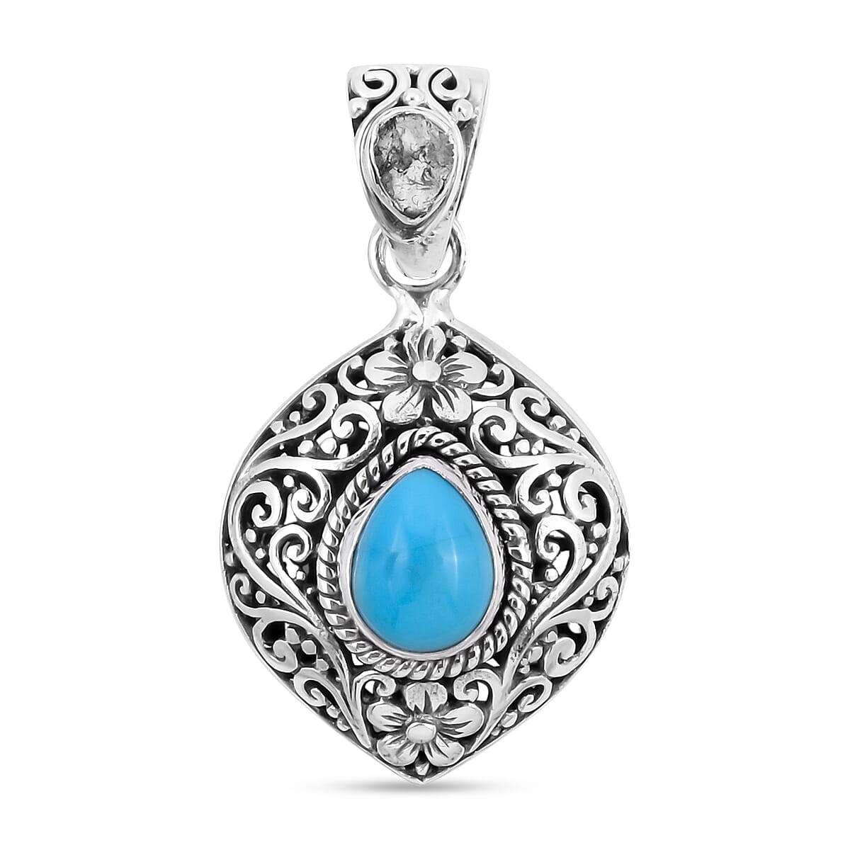 Royal Bali Collection Arizona Sleeping Beauty Turquoise Diamond Pendant in Sterling Silver 1.57 Ct.