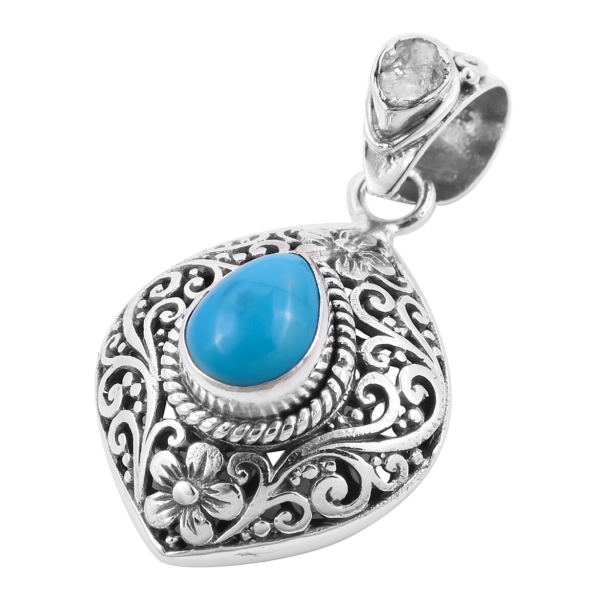 Royal Bali Collection Arizona Sleeping Beauty Turquoise Diamond Pendant in Sterling Silver 1.57 Ct.