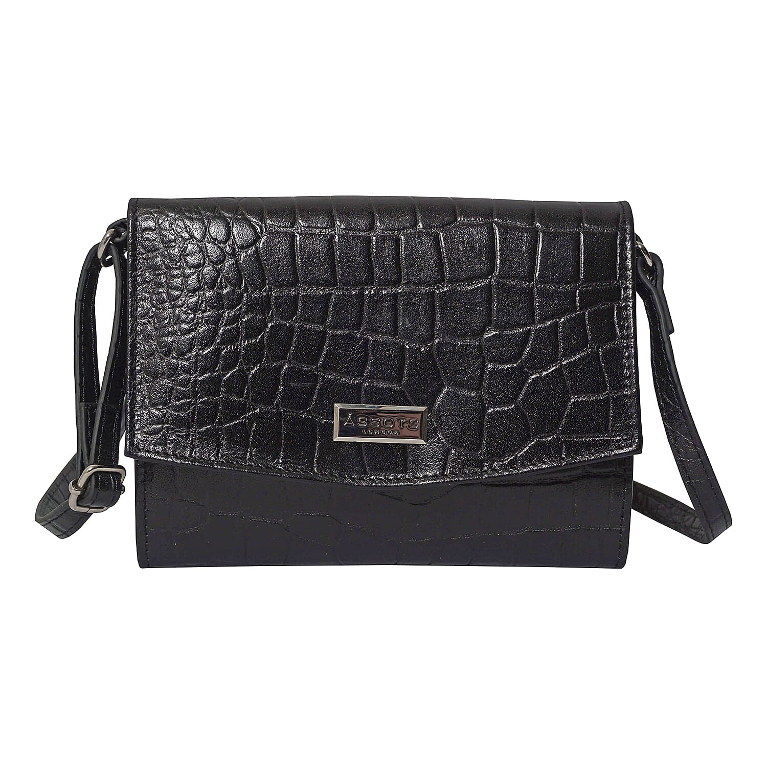 ASSOTS LONDON Matilda Genuine Croc Leather Fully Lined Organiser Crossbody Bag - Black
