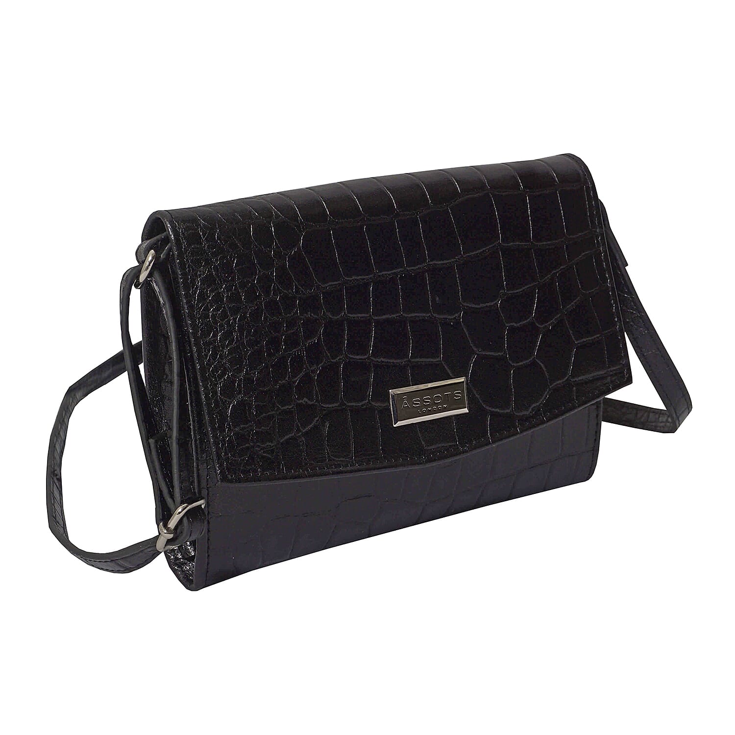 ASSOTS LONDON Matilda Genuine Croc Leather Fully Lined Organiser Crossbody Bag - Black
