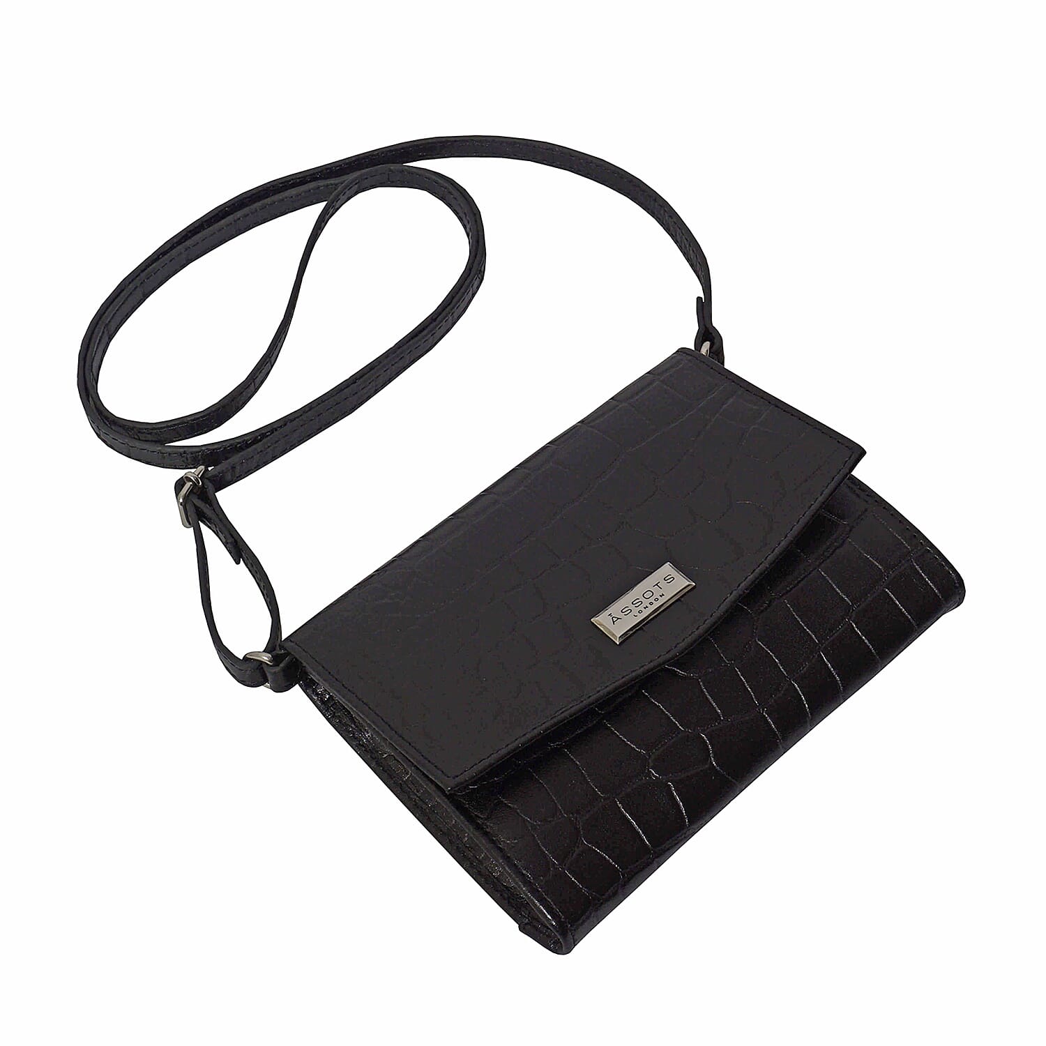 ASSOTS LONDON Matilda Genuine Croc Leather Fully Lined Organiser Crossbody Bag - Black