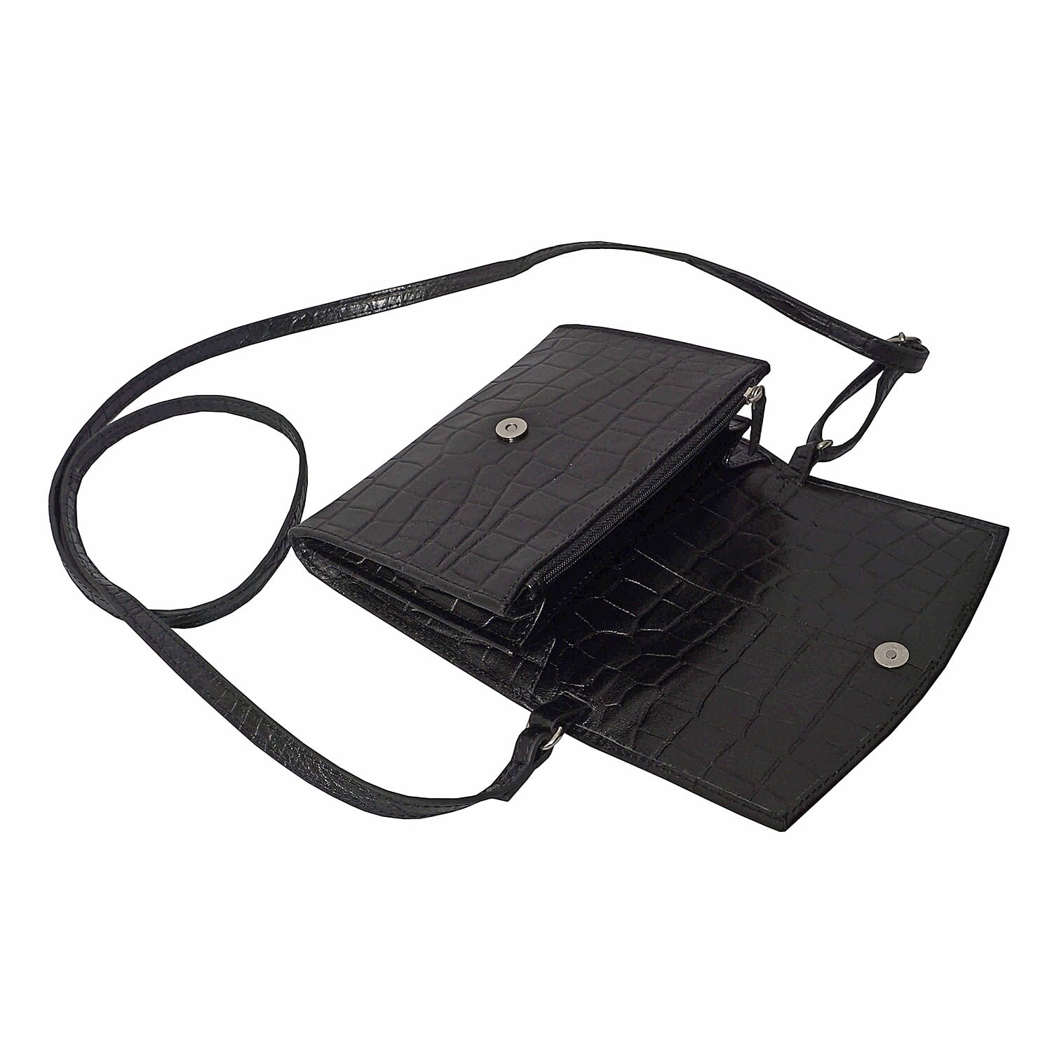 ASSOTS LONDON Matilda Genuine Croc Leather Fully Lined Organiser Crossbody Bag - Black