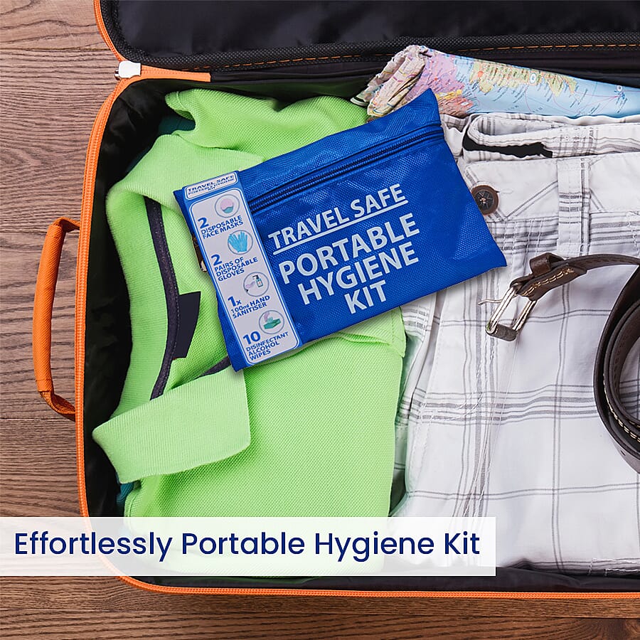 Travel Safe Portable Hygiene Kit (Incl. Re-usable Travel Pouch, 2x Pairs Nitrile Non-powdered Latex Gloves, 2x 3ply Disposable Face Covering, 1 x pack of 10 Anti-Bacterial Wipes