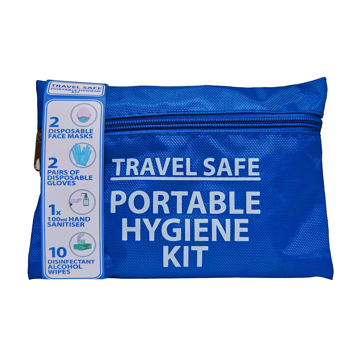 Travel Safe Portable Hygiene Kit (Incl. Re-usable Travel Pouch, 2x Pairs Nitrile Non-powdered Latex Gloves, 2x 3ply Disposable Face Covering, 1 x pack of 10 Anti-Bacterial Wipes