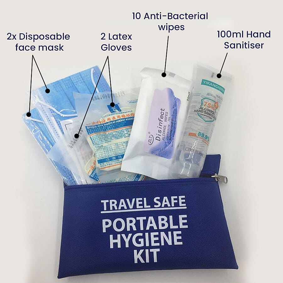 Travel Safe Portable Hygiene Kit (Incl. Re-usable Travel Pouch, 2x Pairs Nitrile Non-powdered Latex Gloves, 2x 3ply Disposable Face Covering, 1 x pack of 10 Anti-Bacterial Wipes