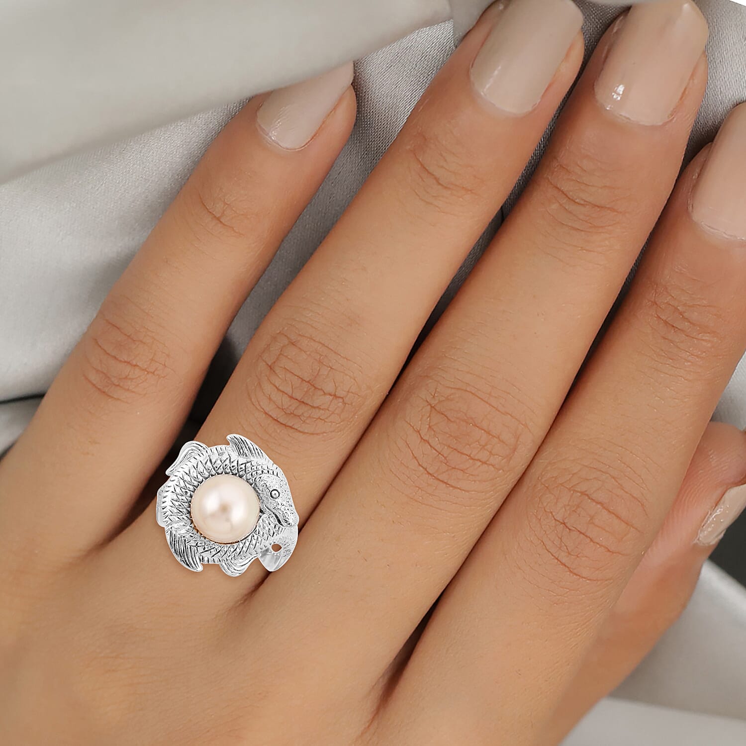 South Sea Pearl Fish Ring in Sterling Silver, Silver Wt. 8.10 GM